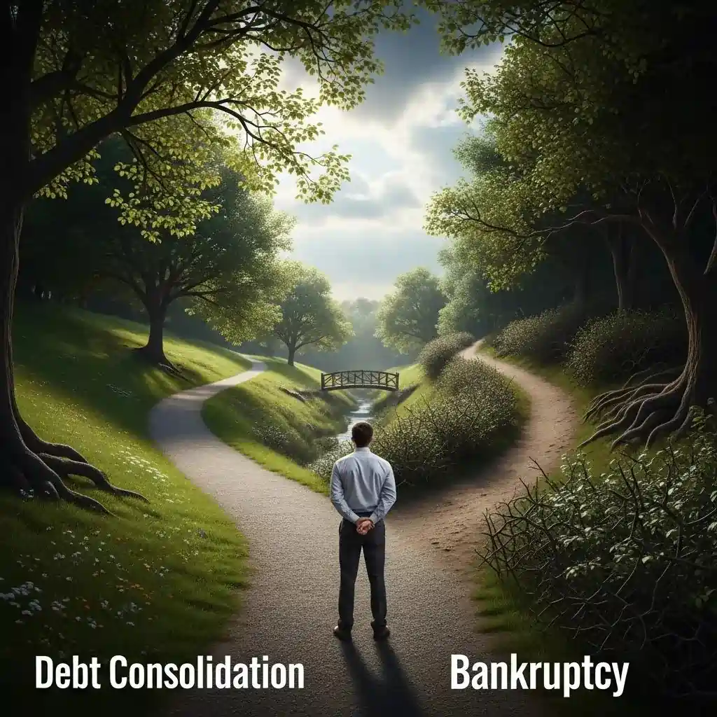 Person standing at a crossroads labeled 