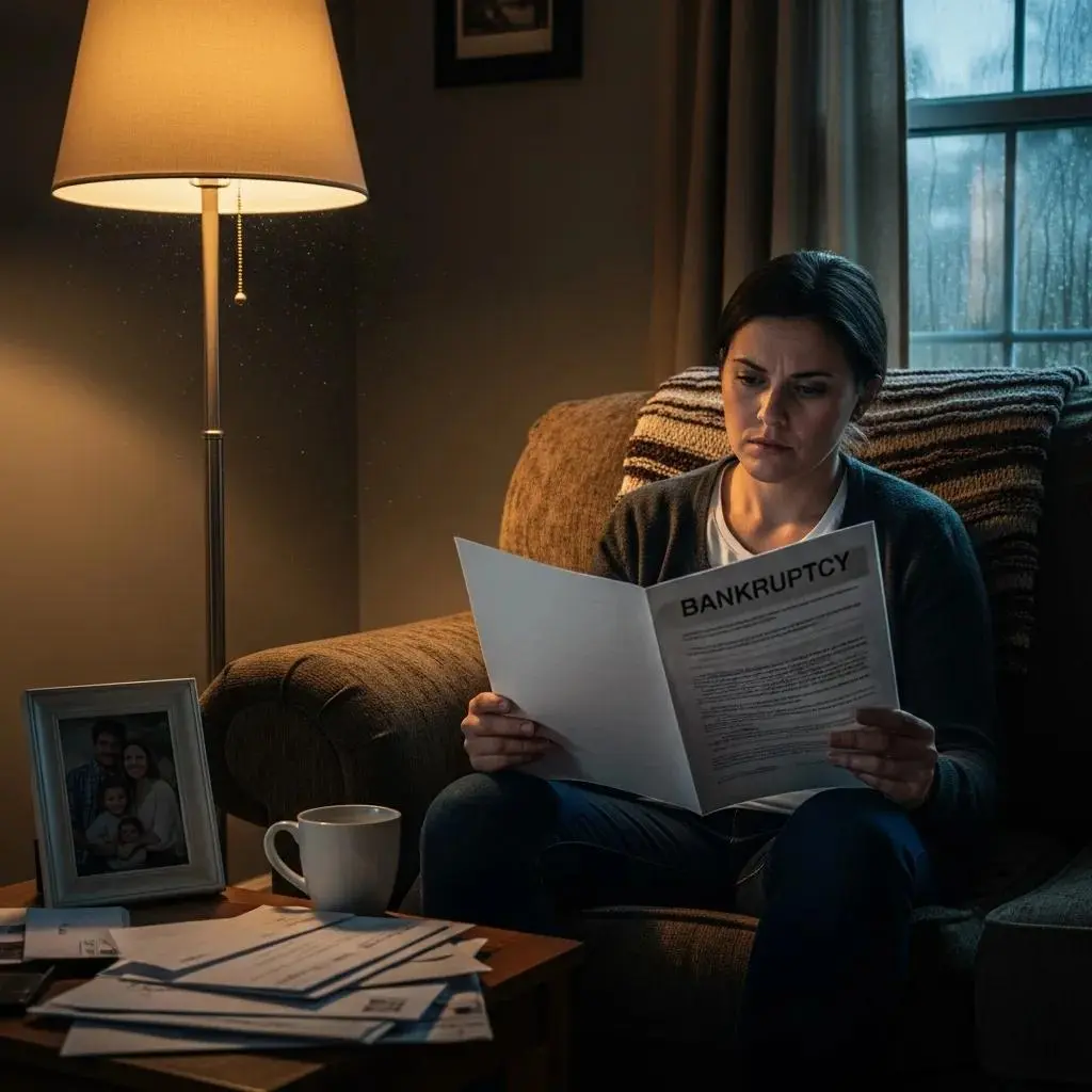 Contemplative individual reviewing bankruptcy documents in a cozy living room, reflecting on financial decisions