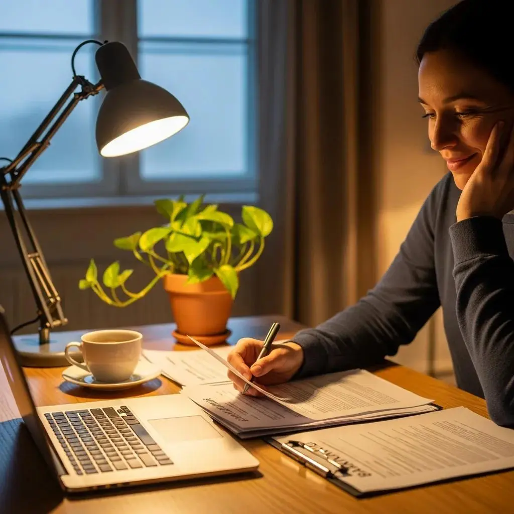 Individual reviewing Chapter 13 bankruptcy paperwork in a cozy home office setting