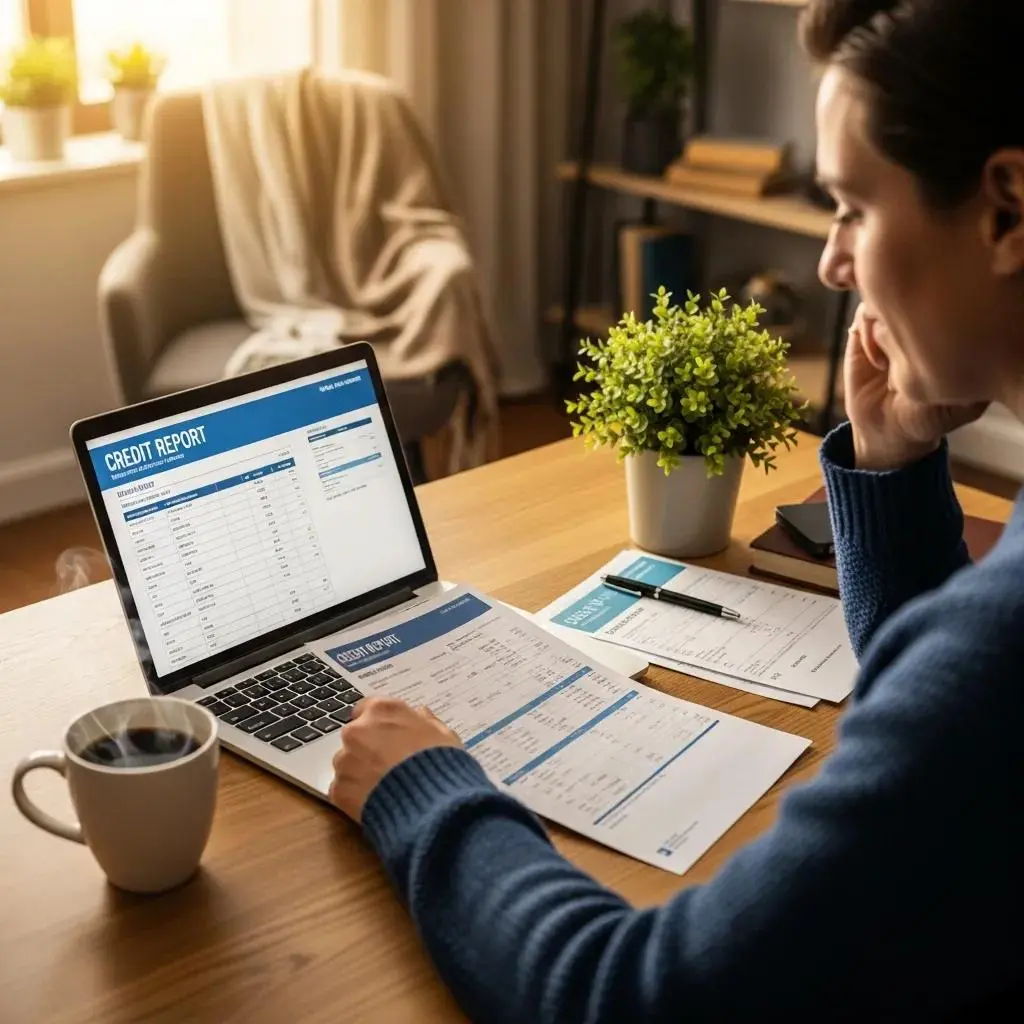 Cozy workspace with a person reviewing financial documents and a credit report