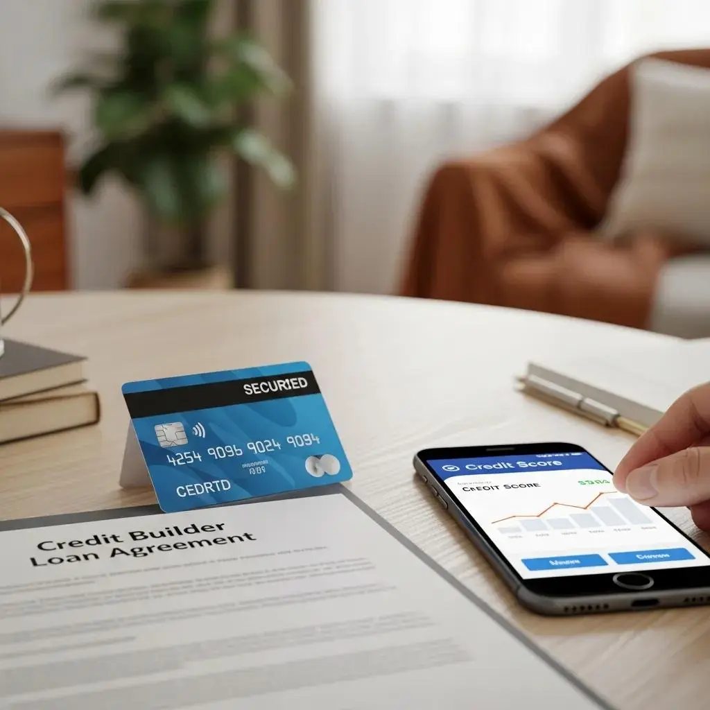 Secured credit card and credit builder loan document on a cozy desk