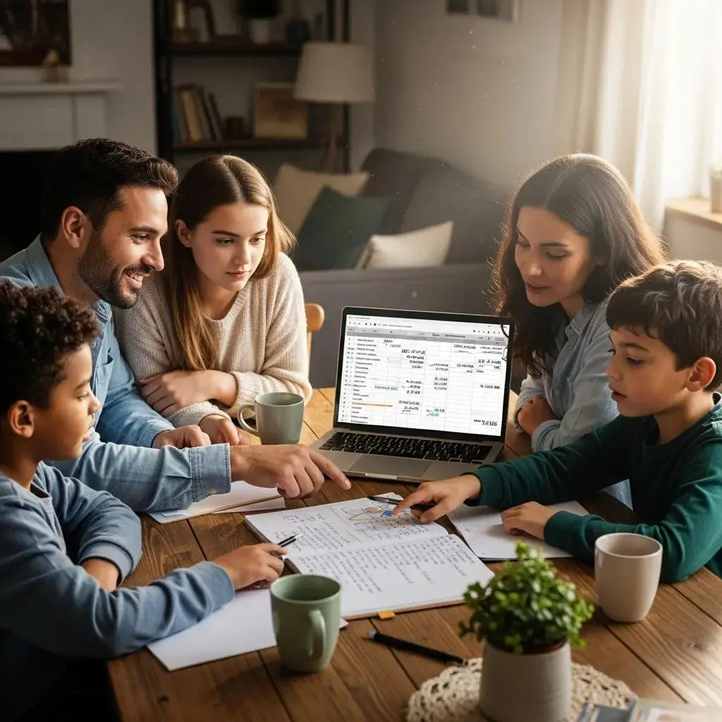 Family discussing financial goals at a table with a laptop and notebook