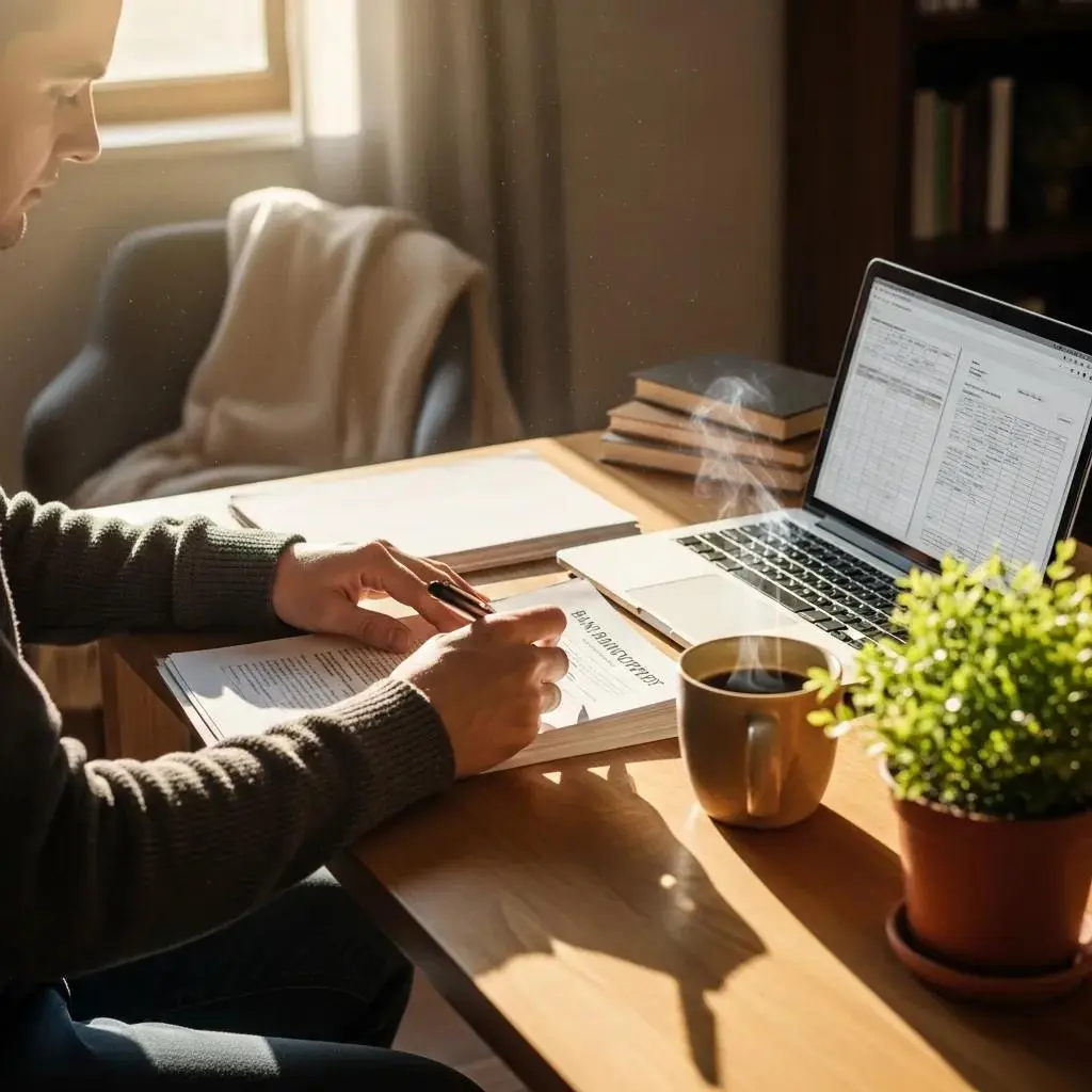 Cozy workspace with financial documents and a laptop, illustrating the process of filing Chapter 13 bankruptcy