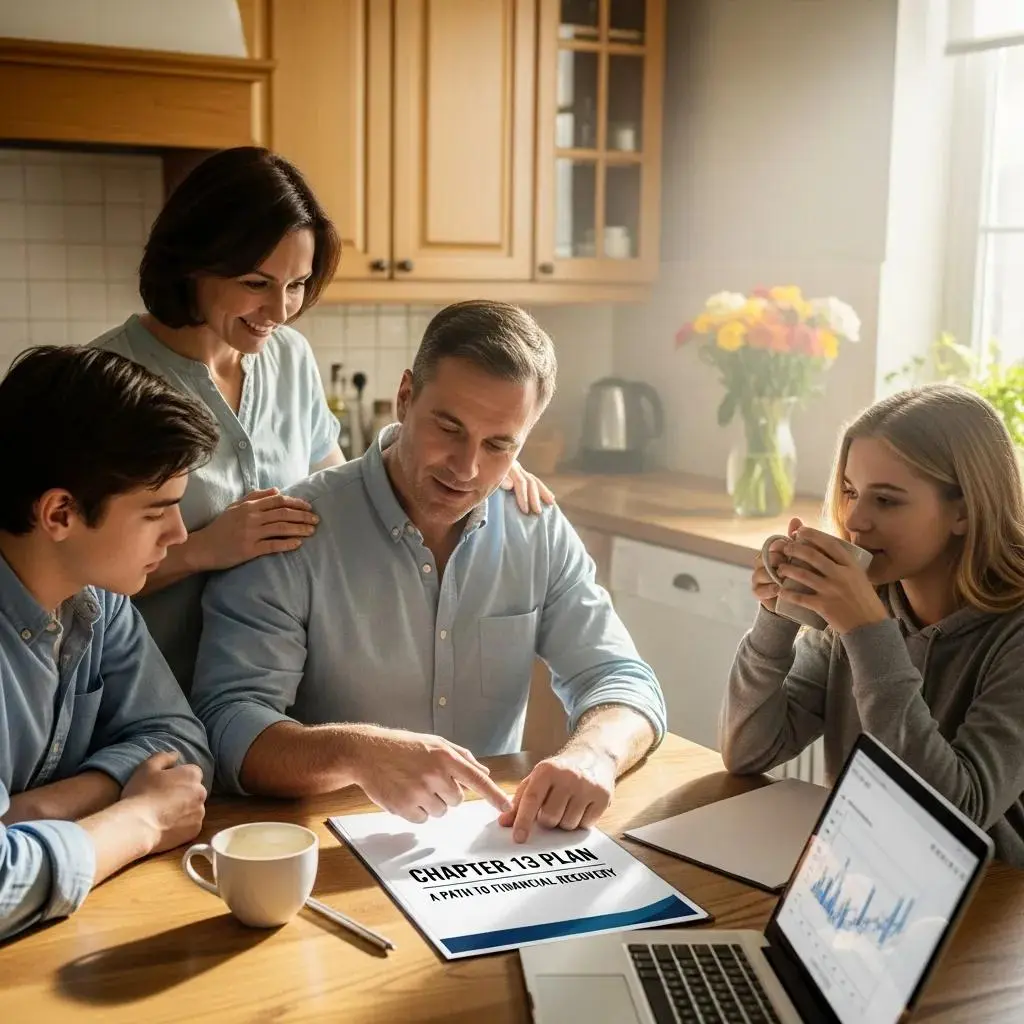 Family discussing financial plans at a kitchen table, highlighting the benefits of Chapter 13 bankruptcy