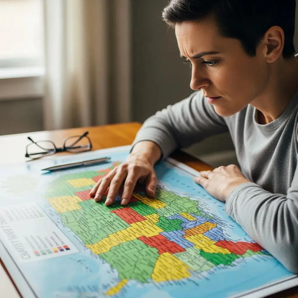 Person examining a map of the United States with highlighted states for income limits