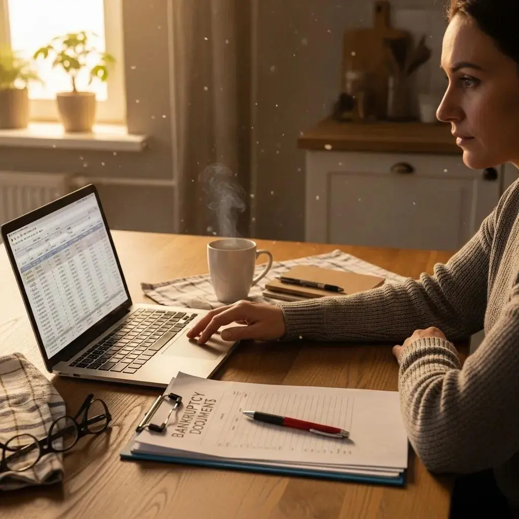 Cozy kitchen scene with a person reviewing bankruptcy documents on a laptop