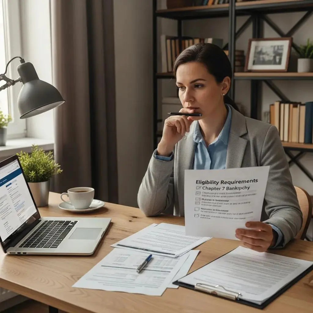 Person reviewing Chapter 7 bankruptcy eligibility checklist in a home office