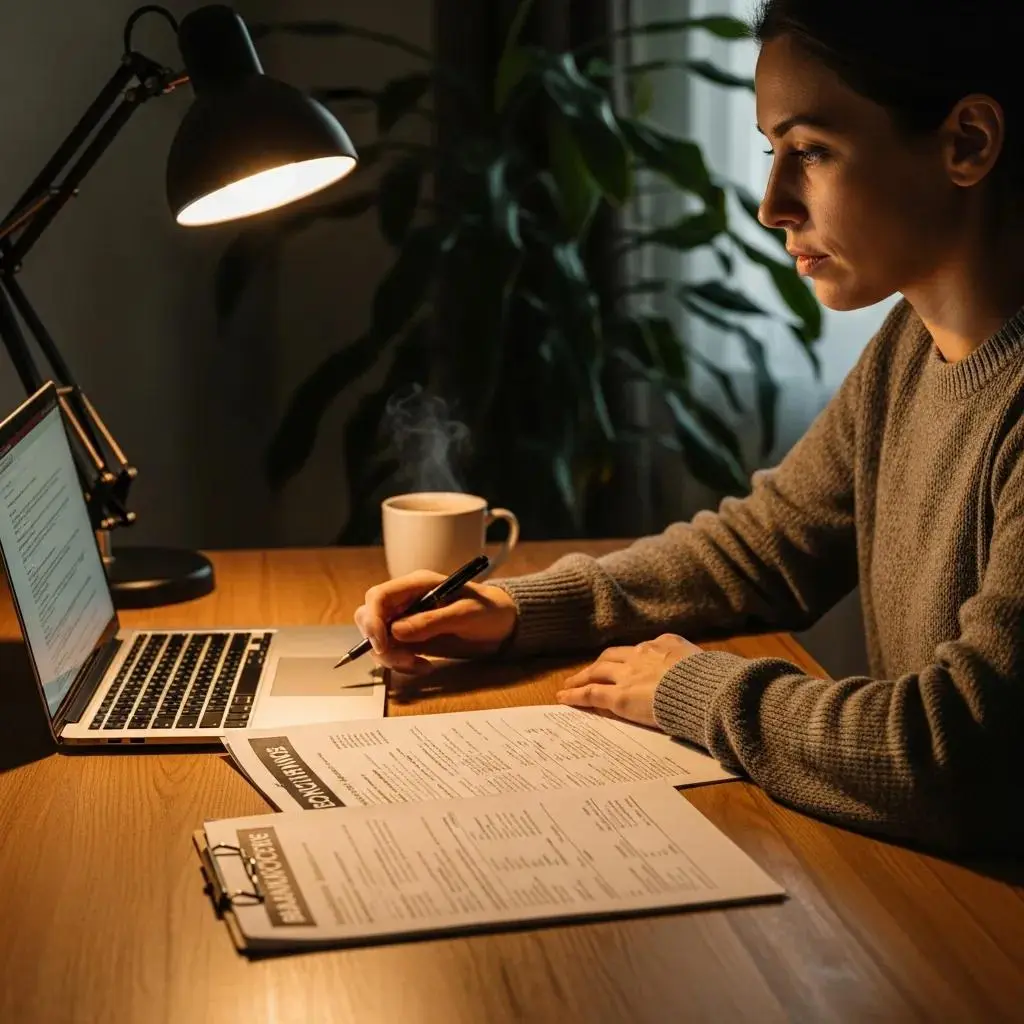 Cozy workspace with a person reviewing bankruptcy documents on a laptop, emphasizing financial guidance