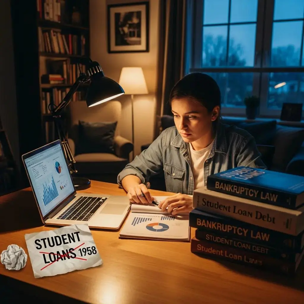 Student studying in a cozy environment, representing the challenges of student loans and bankruptcy
