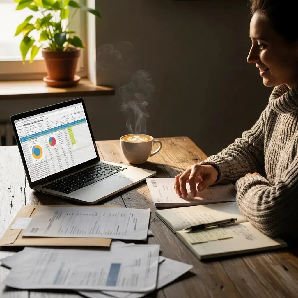 Cozy kitchen scene with a person reviewing debt settlement documents on a laptop