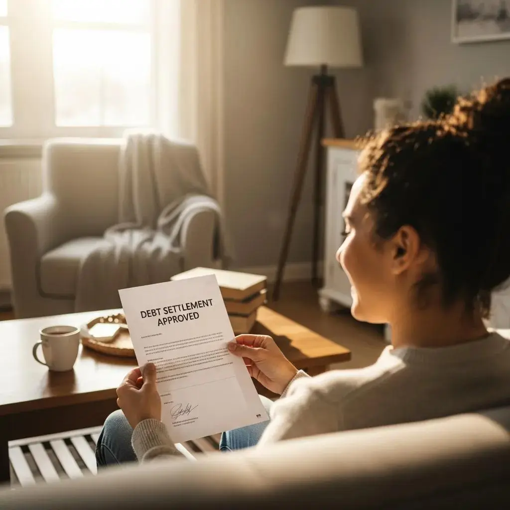 Person celebrating debt settlement approval in a cozy living room