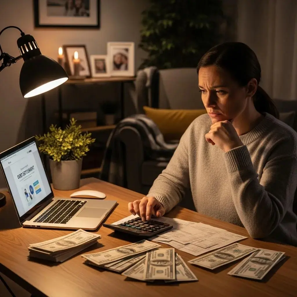 Individual reviewing debt settlement fees and risks at a desk