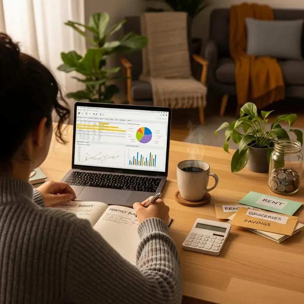 Cozy workspace with budgeting tools and a laptop, illustrating effective debt management strategies