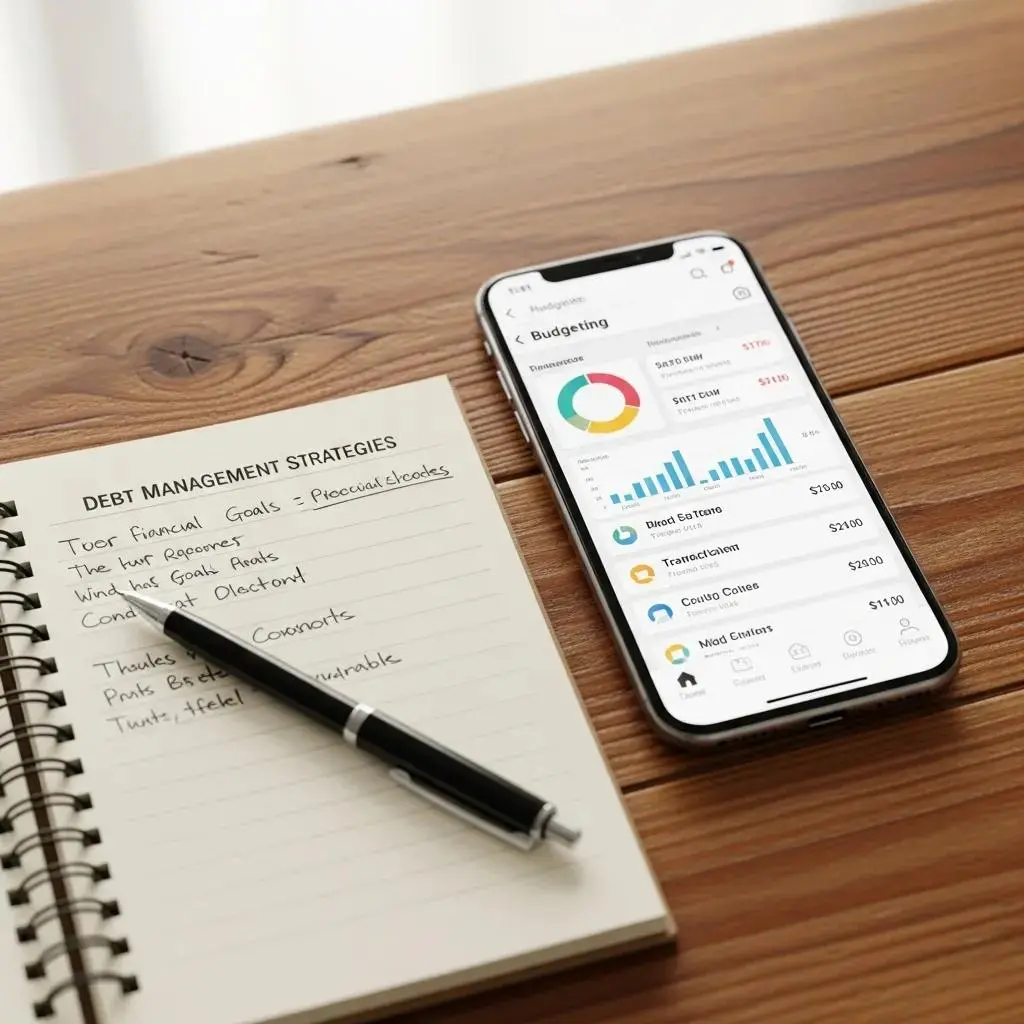 Smartphone with budgeting app on a table, highlighting tools for effective debt management