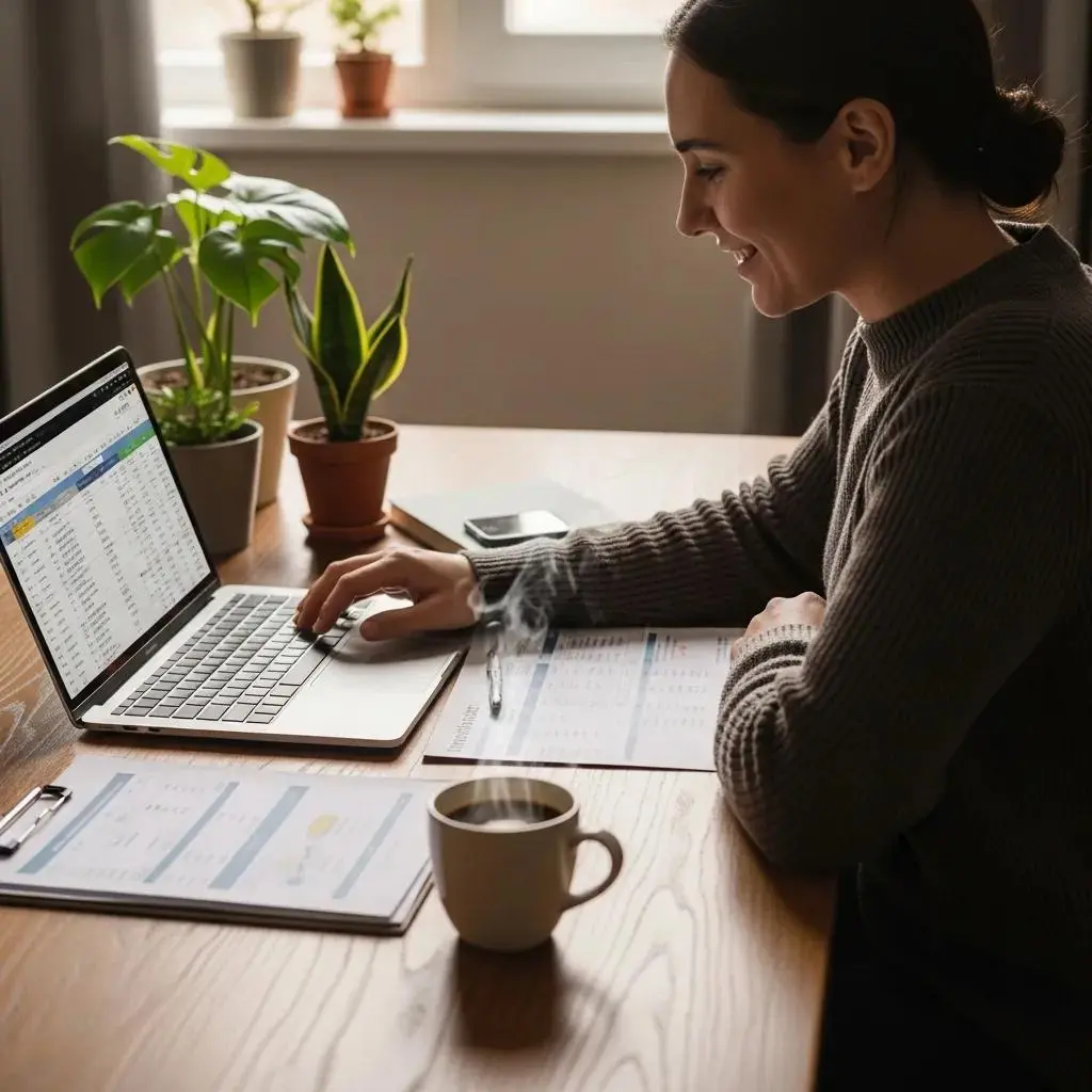 Cozy workspace with a person reviewing financial documents and a laptop, emphasizing debt consolidation