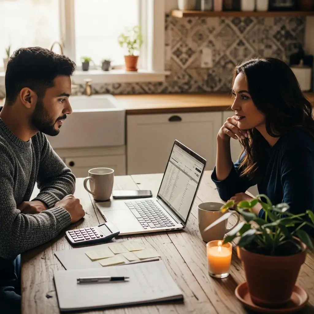 Couple discussing finances at a kitchen table, illustrating the benefits and risks of debt consolidation