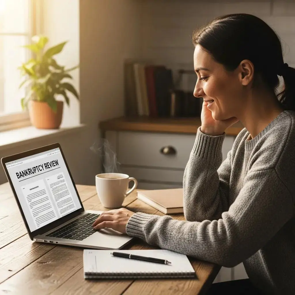 Woman reviewing bankruptcy information on laptop in cozy home setting, with 