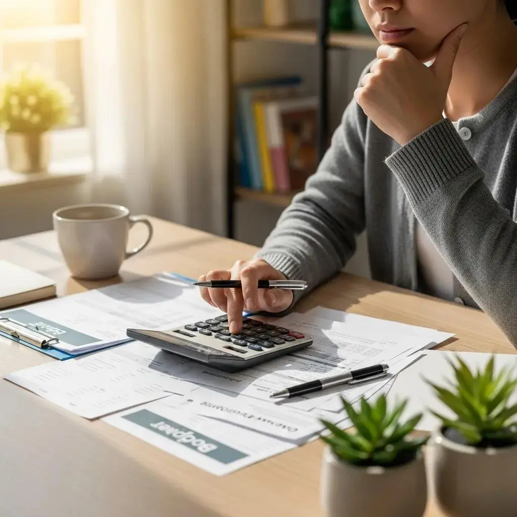 Person calculating finances with a calculator, surrounded by paperwork and a coffee cup, emphasizing debt management and bankruptcy assessment.