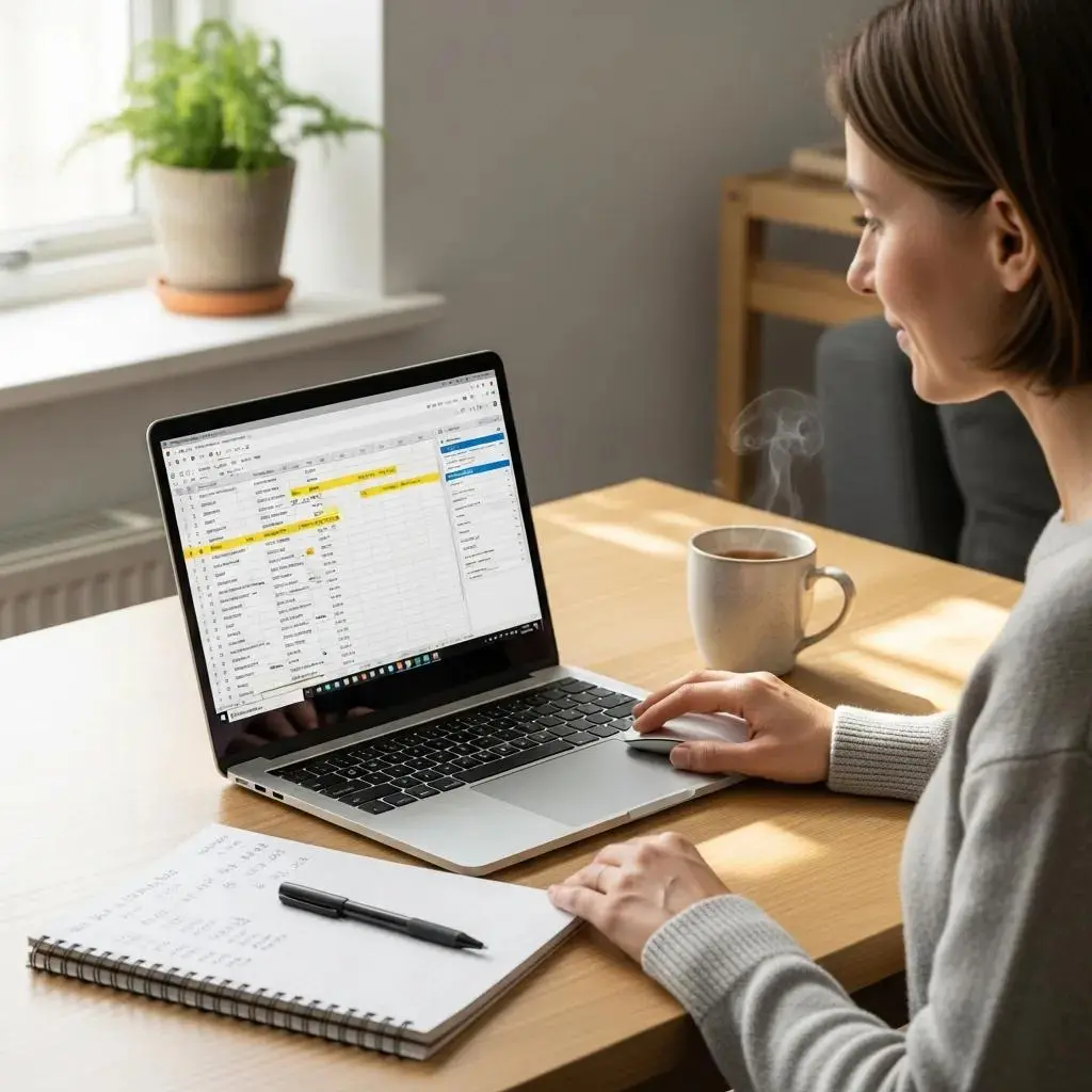 Woman using laptop with spreadsheet, coffee cup, and notebook, illustrating organization and planning for bankruptcy assessment process.