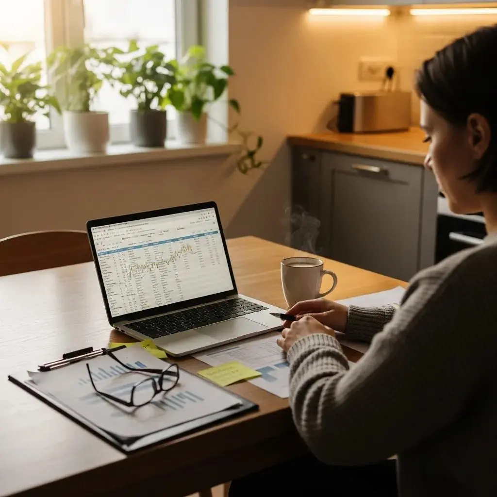Cozy kitchen scene with a person reviewing financial documents and a laptop, emphasizing credit counseling and debt relief