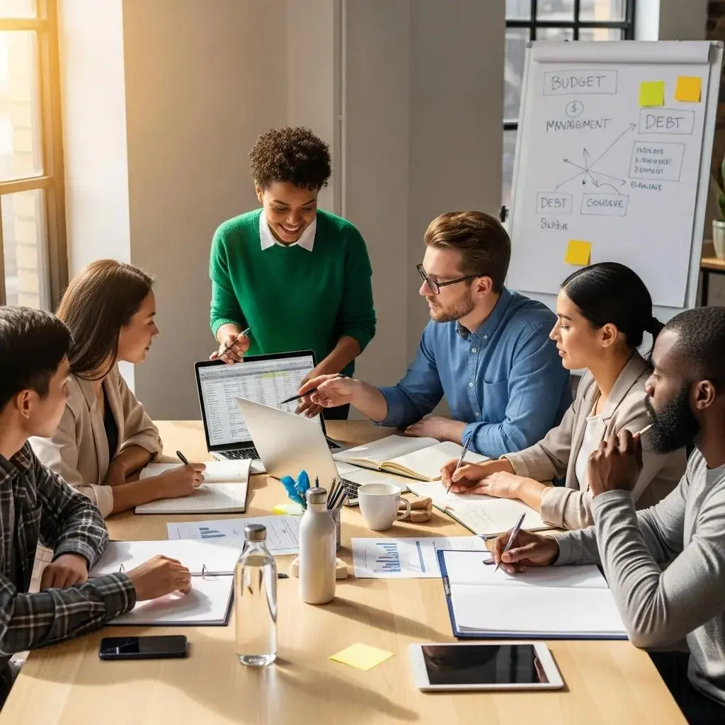 Group of individuals collaborating on financial planning, illustrating the steps in a debt management plan