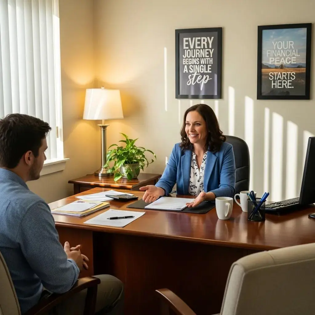 Credit counselor assisting a client in a supportive office environment, representing non-profit agency support for debt relief