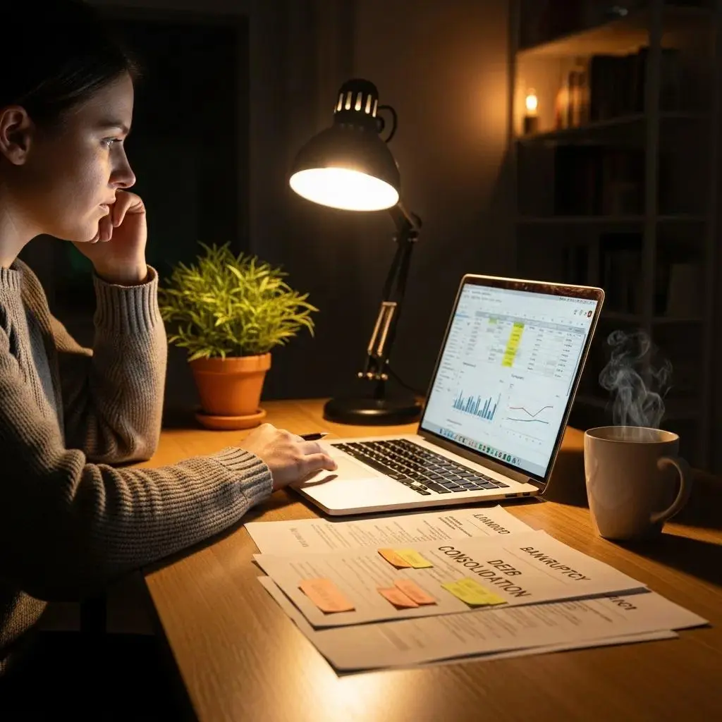 Cozy workspace with a person reviewing tax debt documents and a laptop
