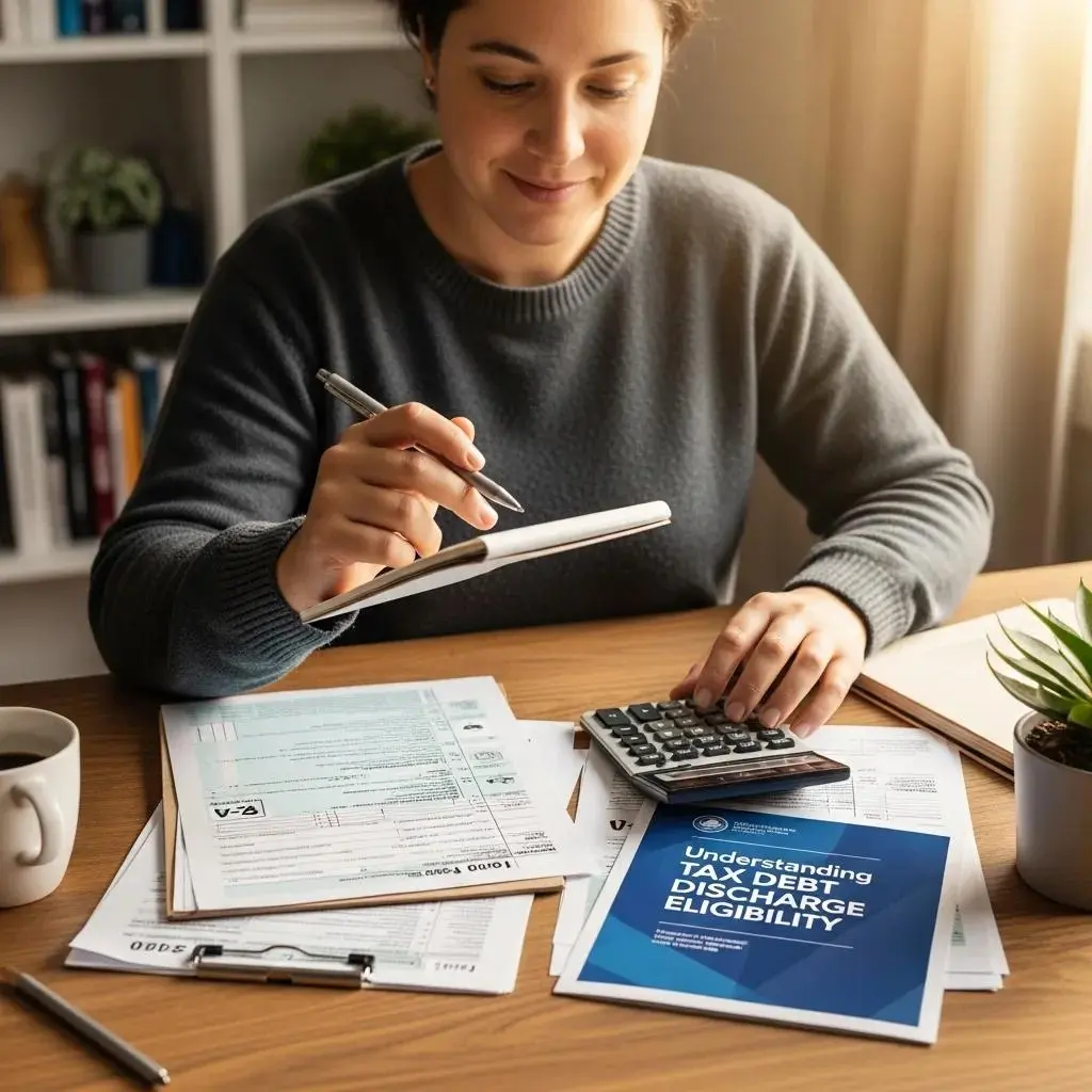 Individual contemplating tax debt eligibility with financial documents
