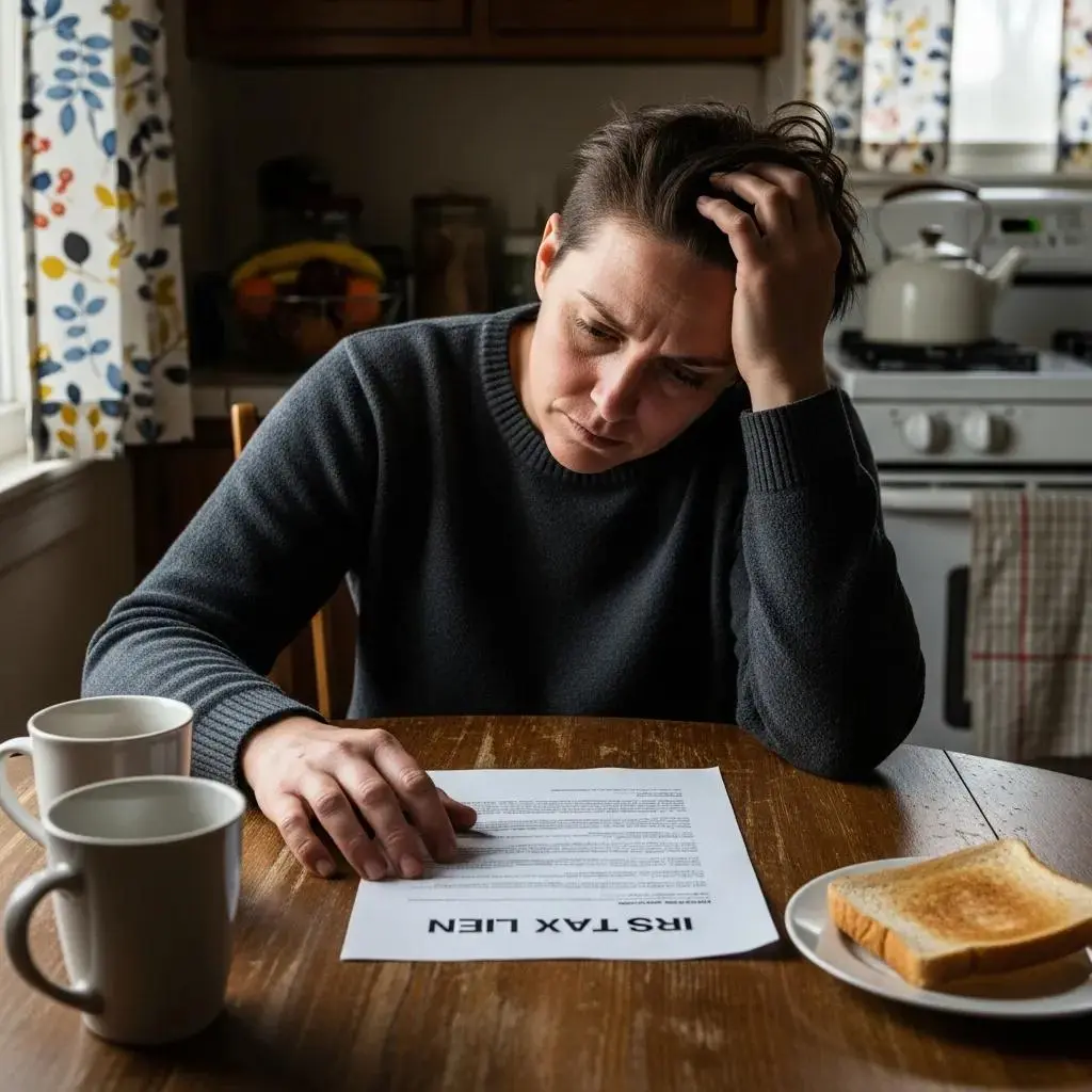 Person reviewing IRS tax lien documents at home