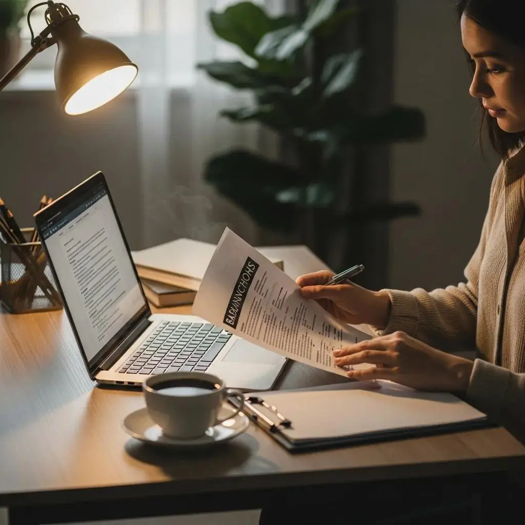 Person reviewing bankruptcy documents at a cozy desk with a laptop and coffee