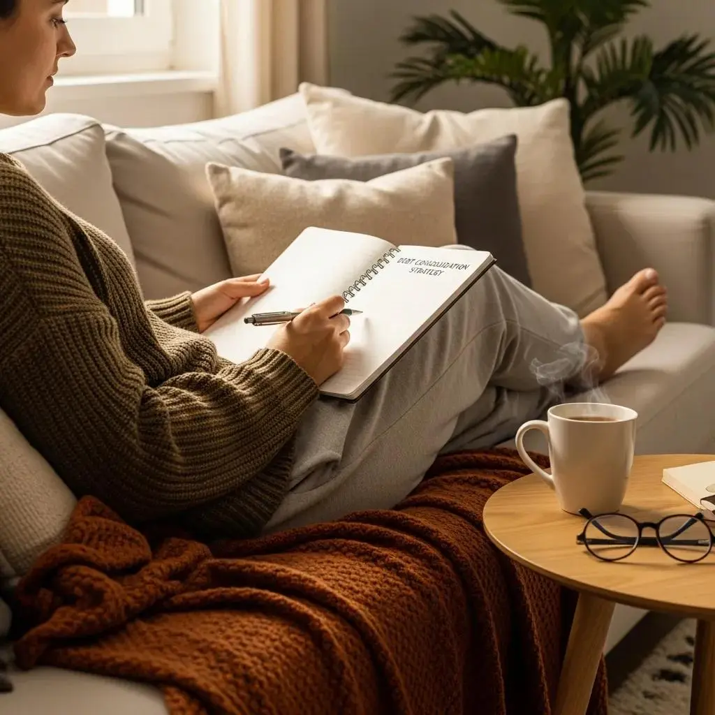 Individual taking notes on debt consolidation strategies while relaxing at home