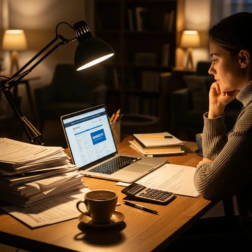 Person reviewing student loan documents at a desk with a laptop and coffee, reflecting on bankruptcy options