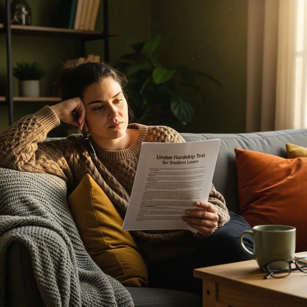 Individual contemplating the undue hardship test for student loan discharge while reviewing legal documents