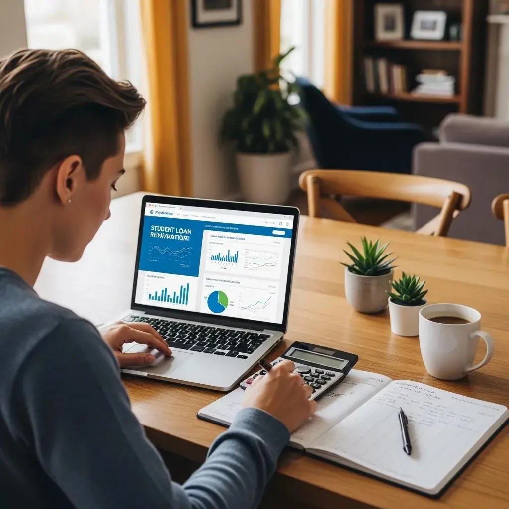 Person creating a repayment plan for student loans at a table with a calculator and financial documents