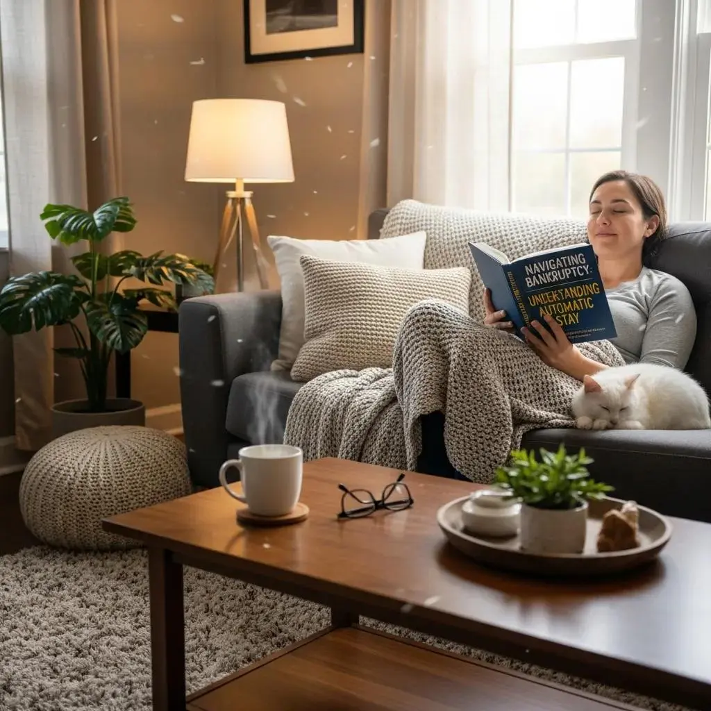 Person relaxing at home, feeling protected from financial stress due to automatic stay