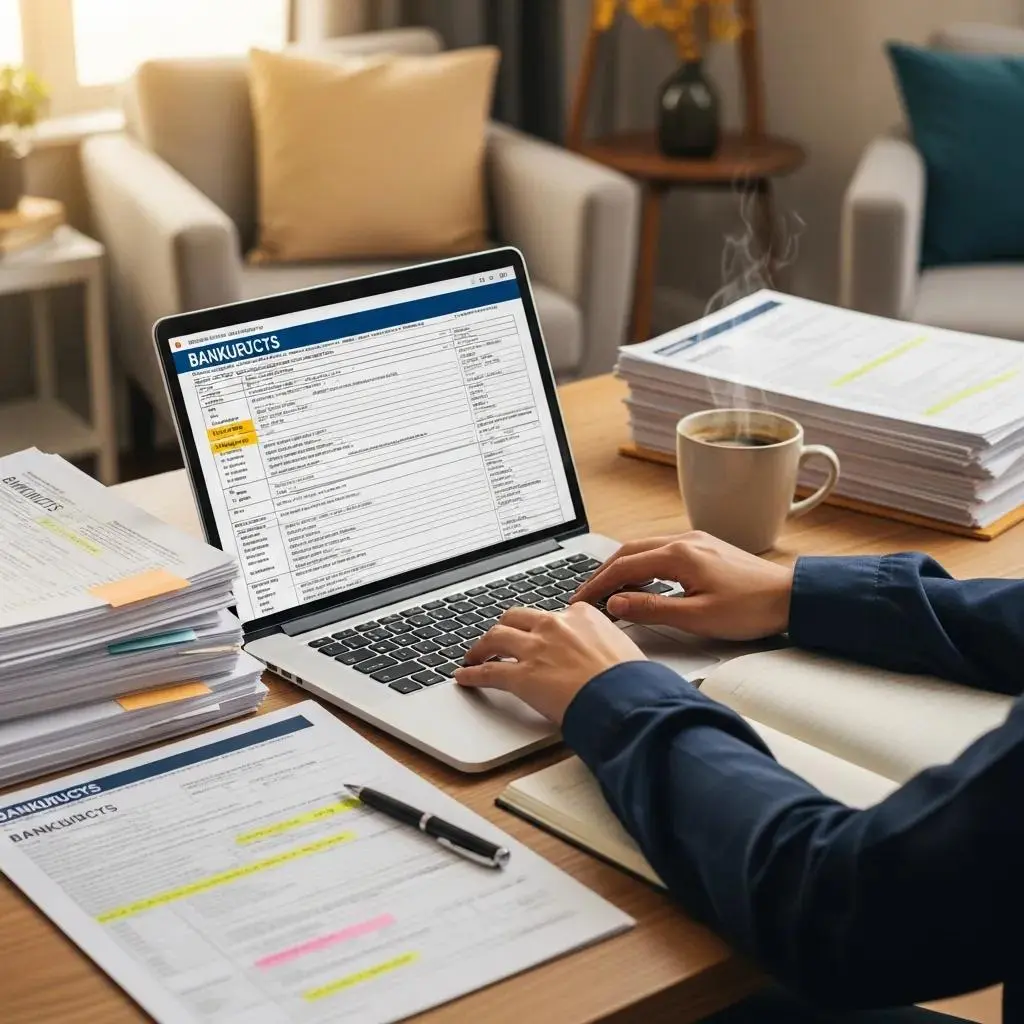 Person at a desk with bankruptcy forms and a laptop, creating a calm workspace atmosphere