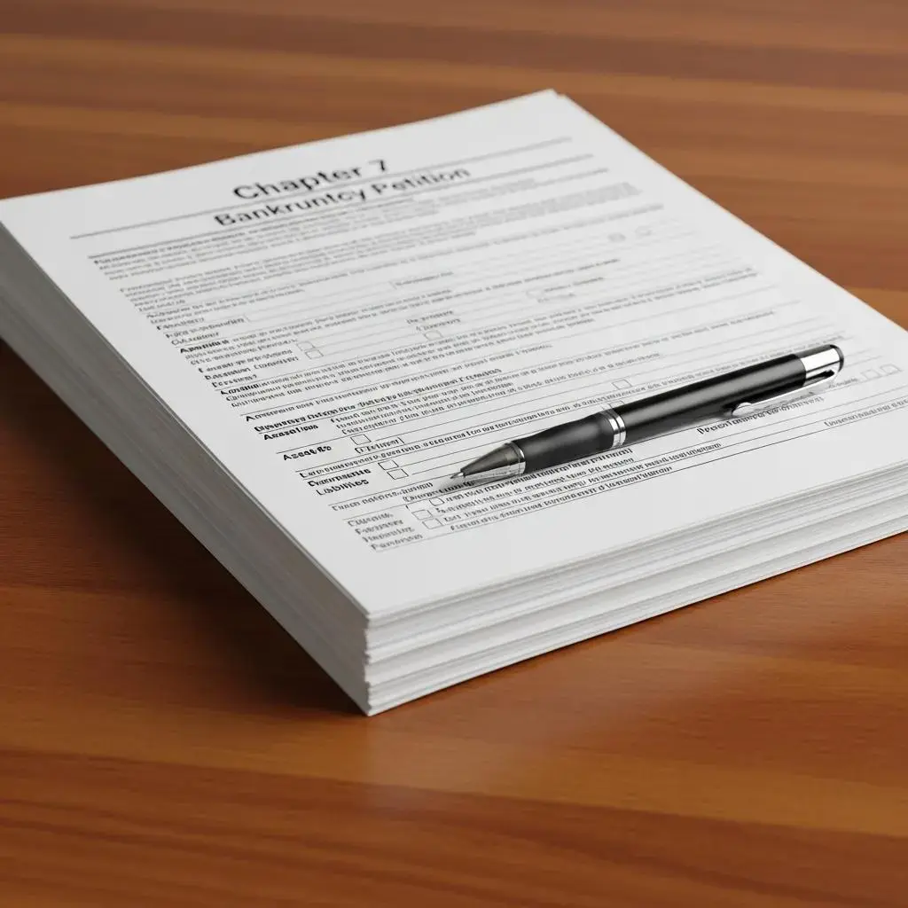 Stack of Chapter 7 bankruptcy forms on a table with a pen, emphasizing the filing process