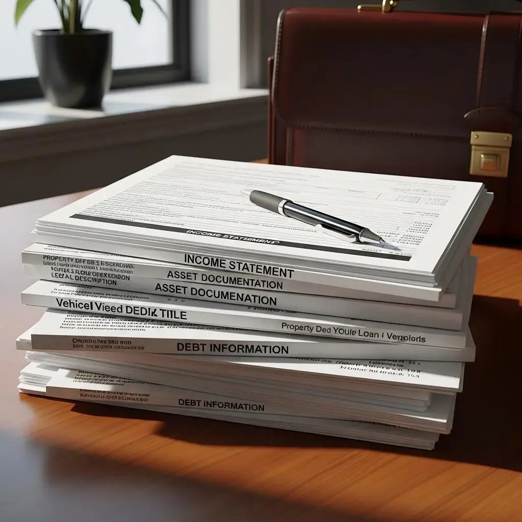 Organized stack of bankruptcy documents including income statements and asset documentation