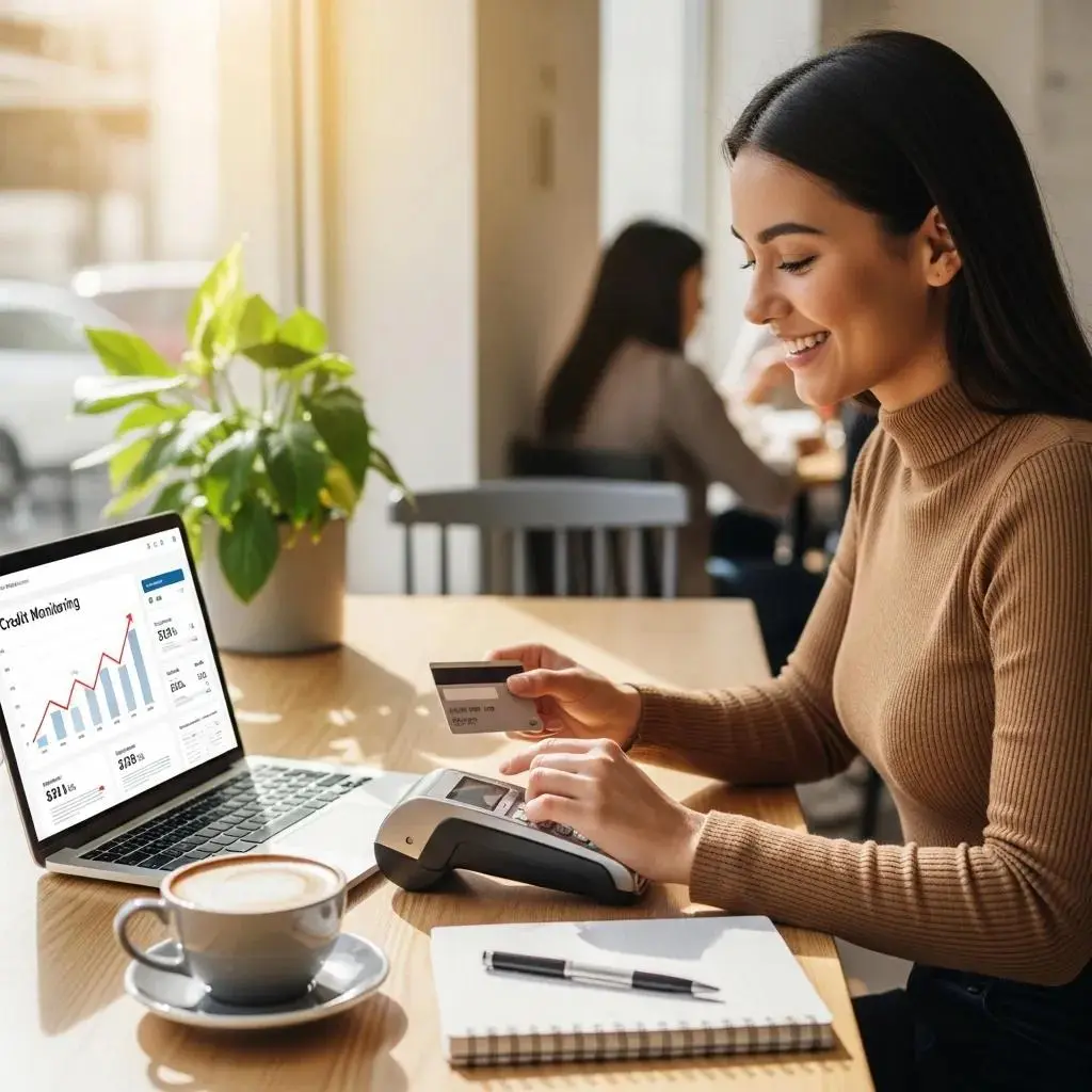 Person using a secured credit card at a cafe while monitoring credit online