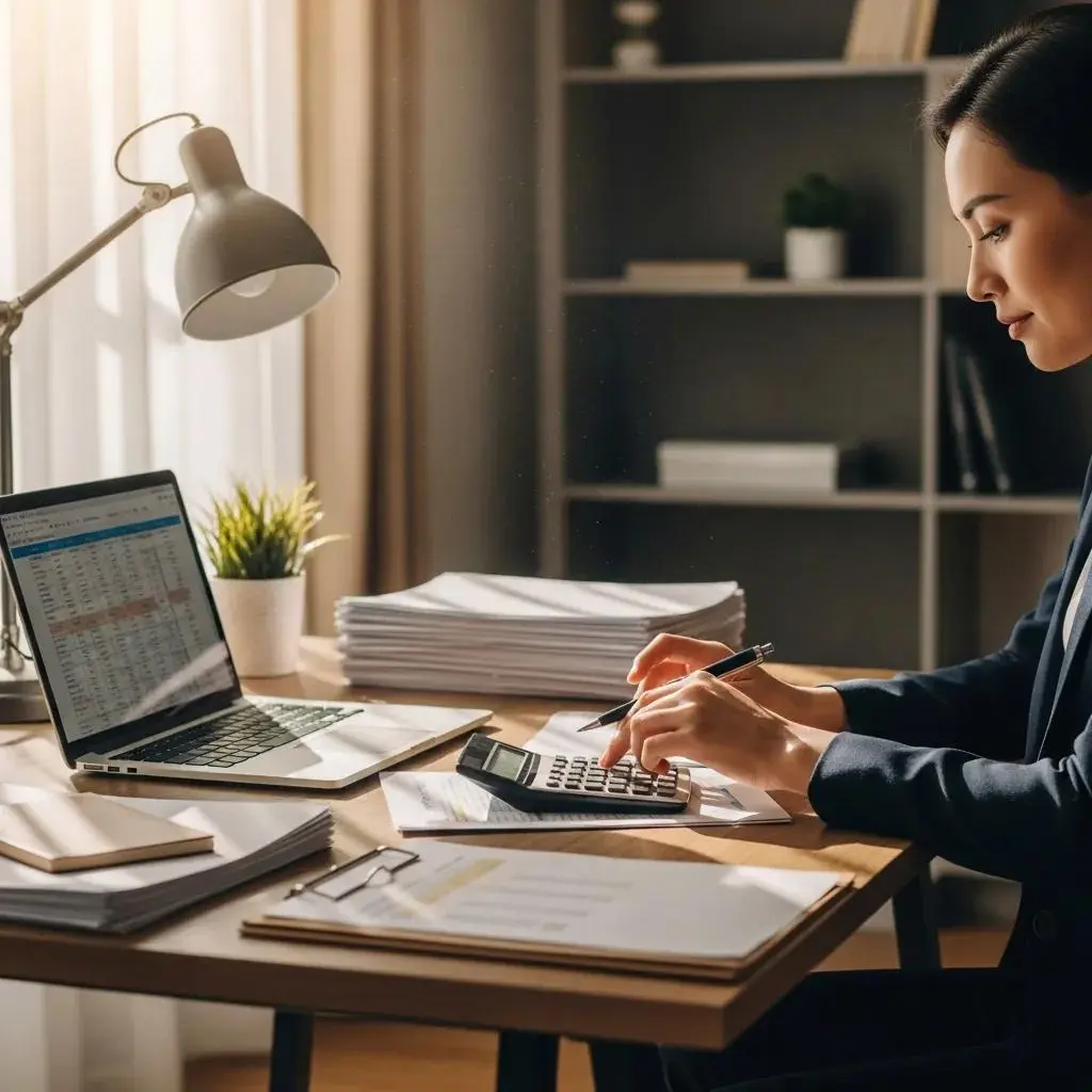 Woman calculating finances with calculator and laptop on desk, surrounded by documents, illustrating bankruptcy assessment process.