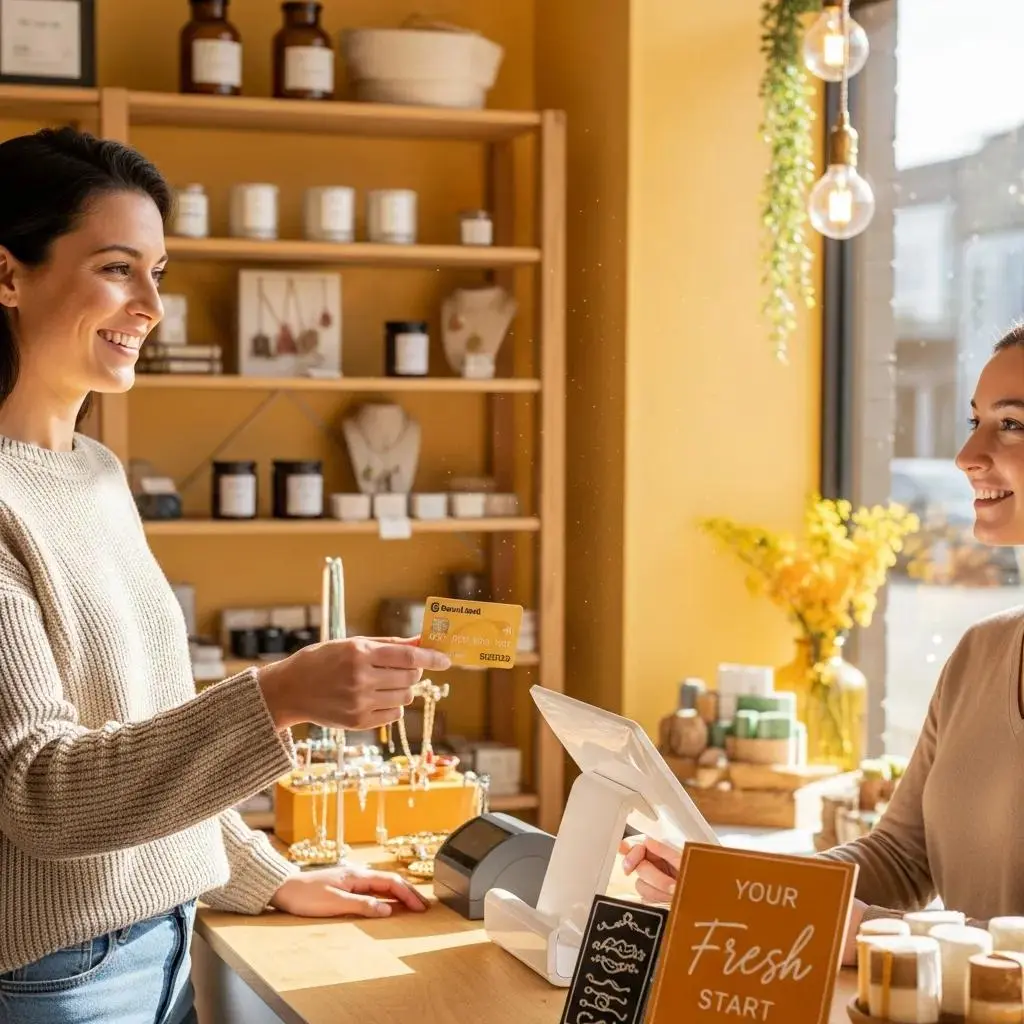 Woman making a payment with a credit card at a retail counter, smiling, with a sign reading 