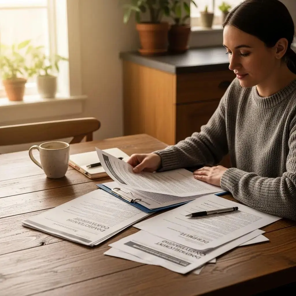 Cozy kitchen scene with a person reviewing payday loan documents, symbolizing financial recovery