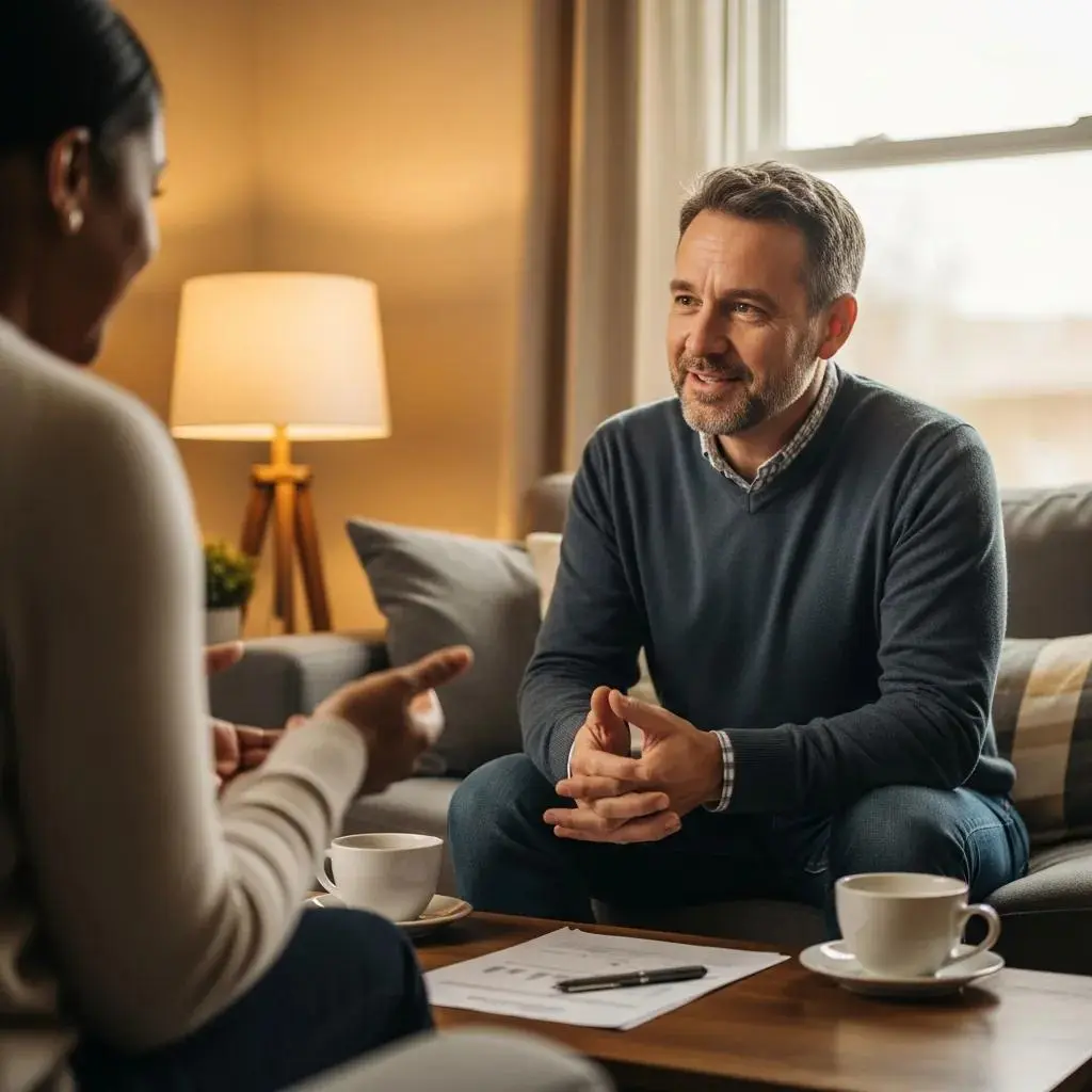 Supportive discussion about bankruptcy options for payday loan debt in a cozy living room