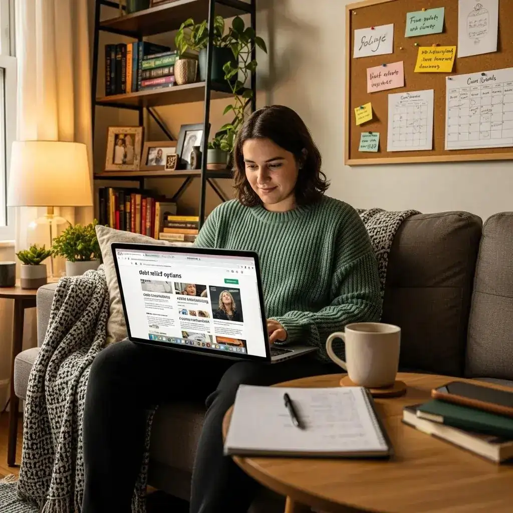 Person researching debt relief options on a laptop in a cozy living room setting