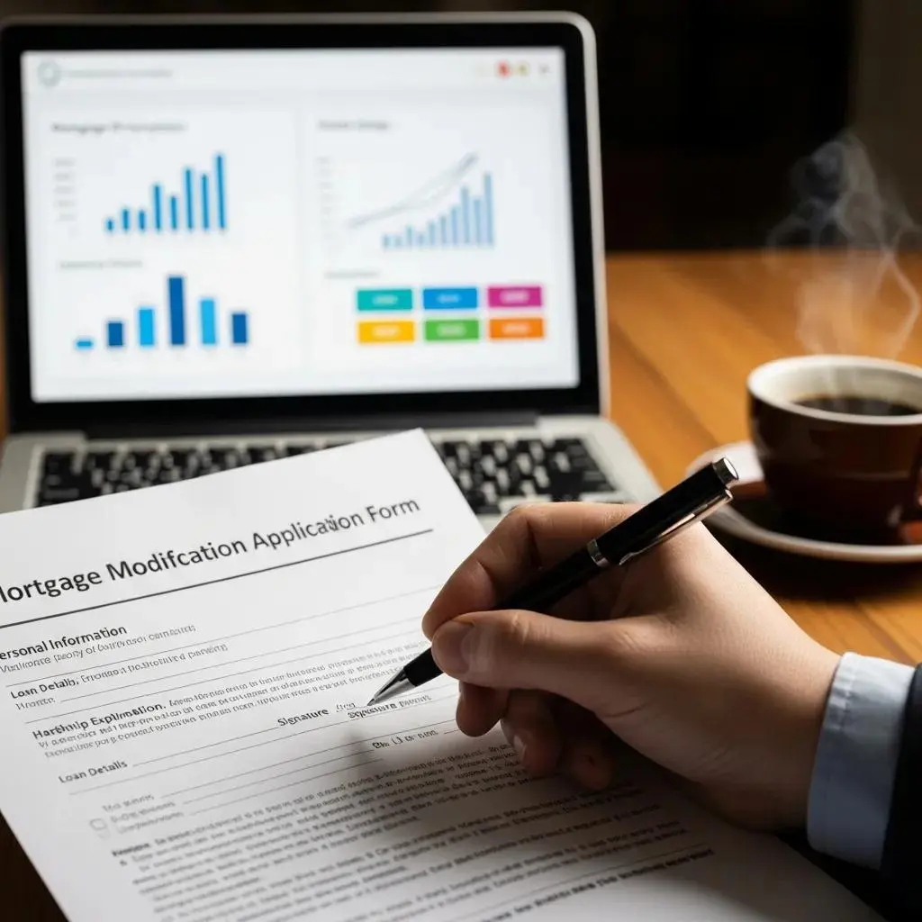Homeowner preparing mortgage modification application with financial tools