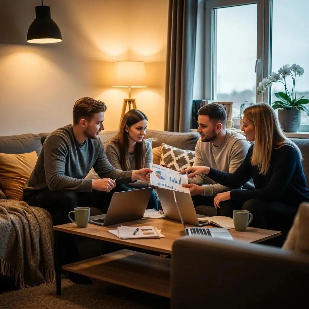 Group of young adults discussing student loan forgiveness options in a cozy living room