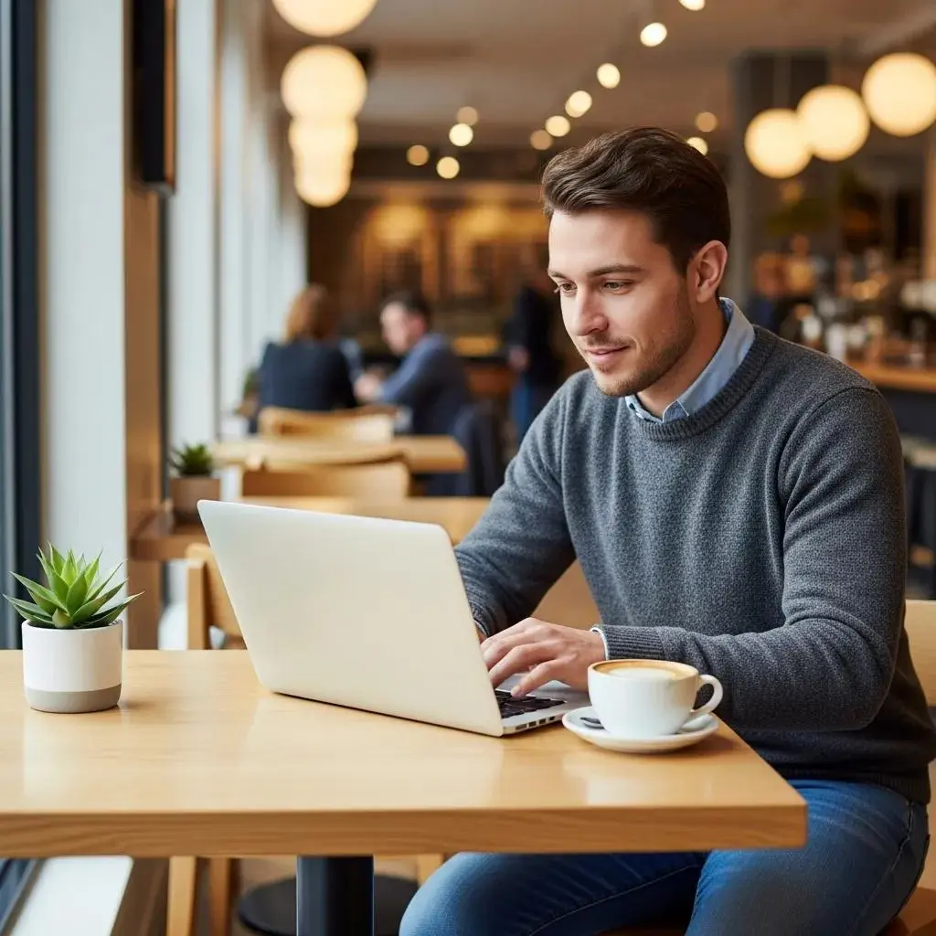 Young professional managing student loan payments while working in a coffee shop