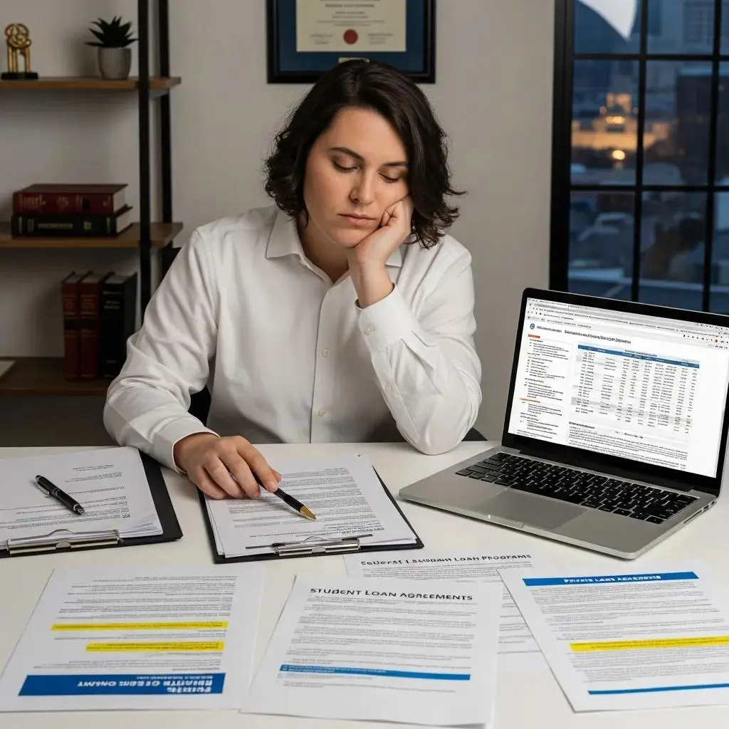 Individual reviewing legal documents related to student loan discharge options at a desk