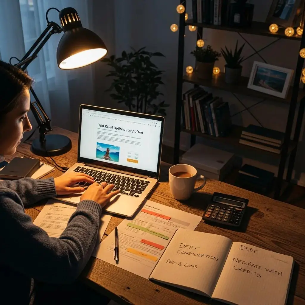 Person exploring debt relief options at home, emphasizing proactive financial management