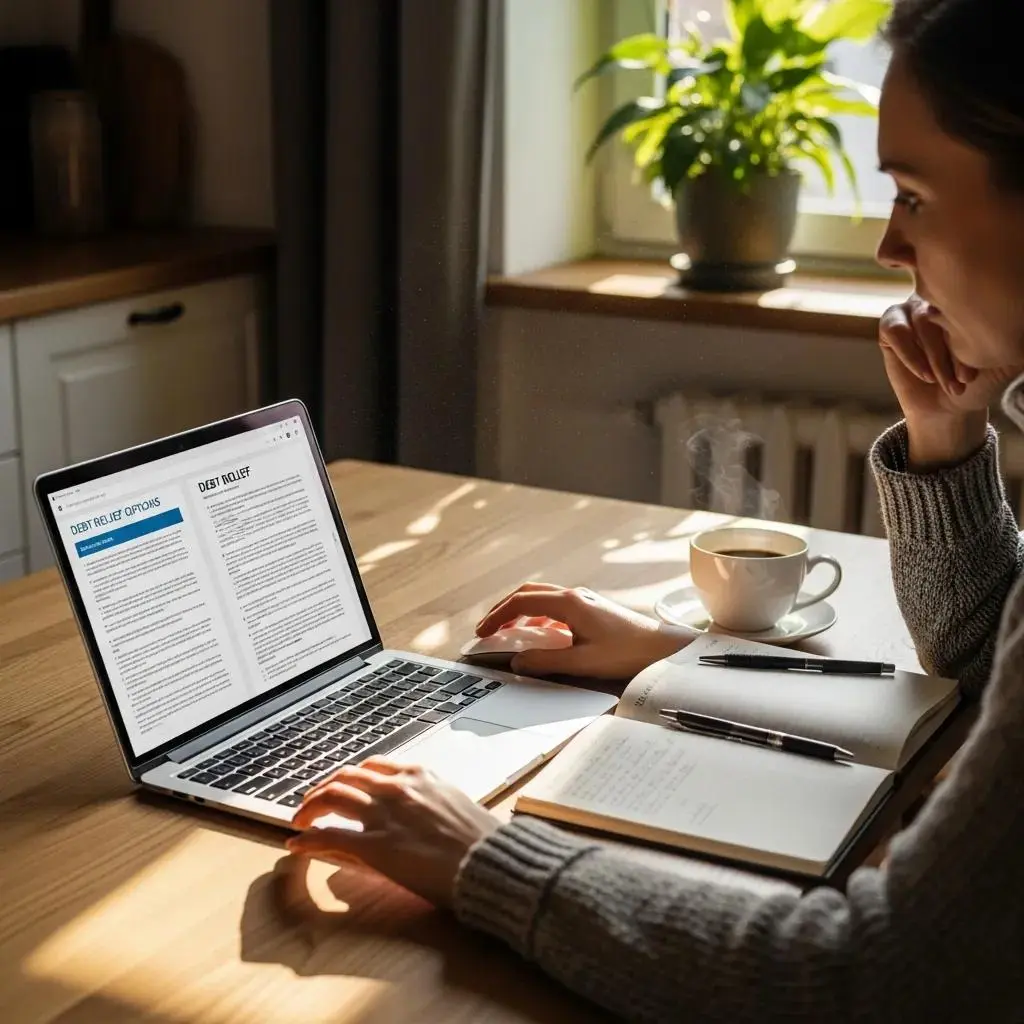 Cozy kitchen scene with a person reviewing debt relief options on a laptop